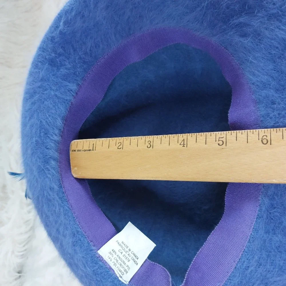Vintage Women's Blue Fuzzy Soft Angora Fur and Feather Fedora Hat Made in Canada - Picture 5 of 7